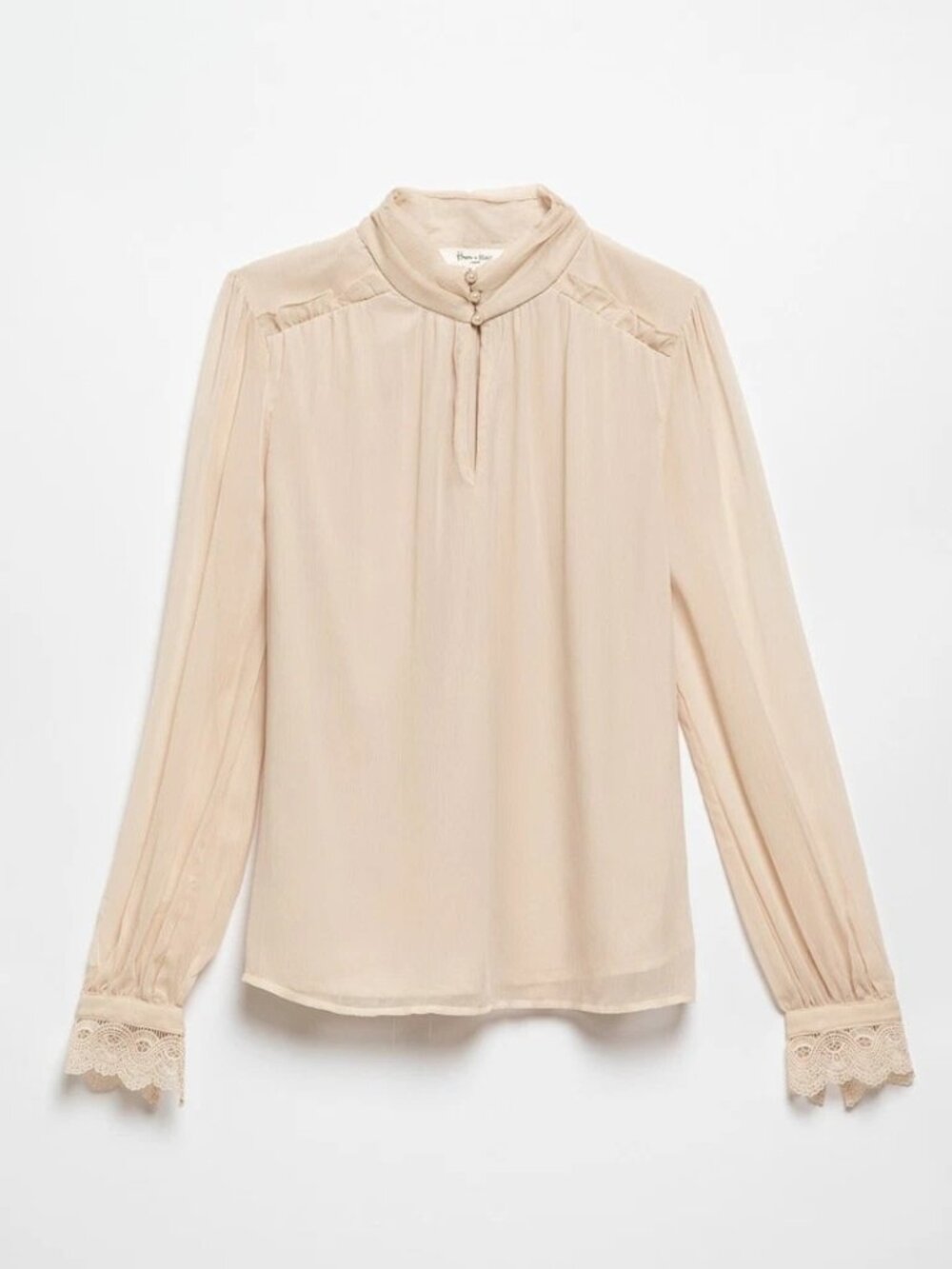 Haver & Blair Long Sleeve Chiffon Blouse With Lace Trim Cuffs Beige Size M
